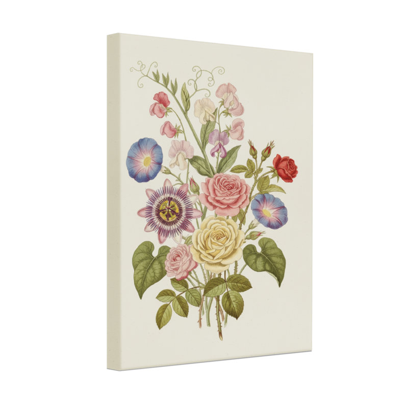 Arrangement floral de plantes et de fleurs avec des roses et des fleurs de la passion, H 18 po x l 12 po