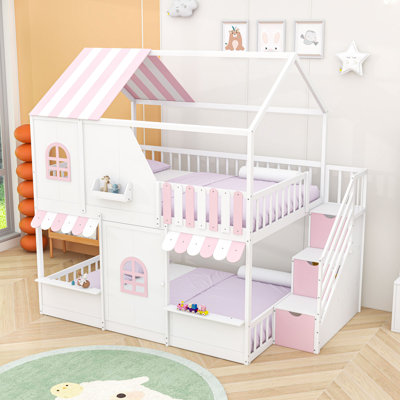 Full Over Full House Bunk Bed with Storage Staircase, Roof and Open Shelves