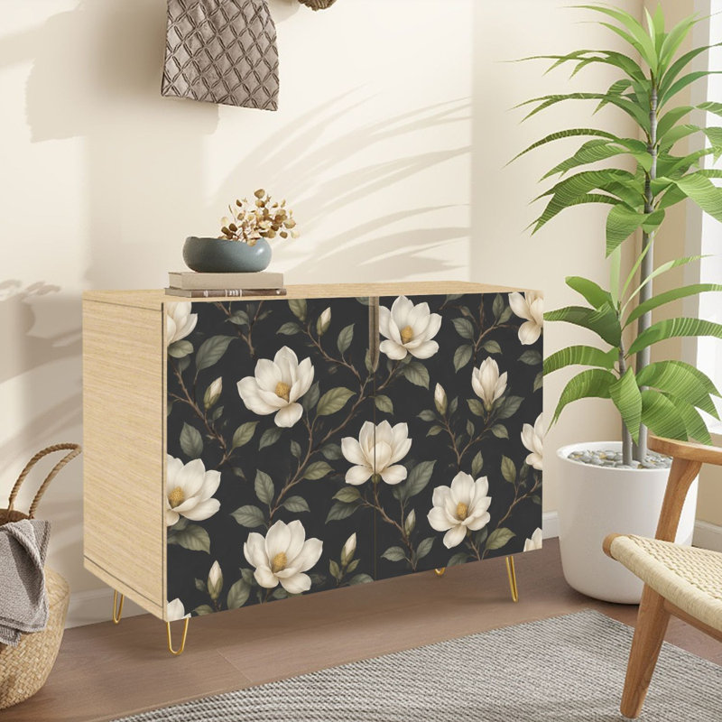 Buffet Buffet avec rangement Élégantes fleurs de magnolia blanches à feuilles vertes foncées avec 2 portes pour le salon et la cuisine