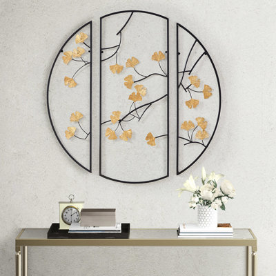 3 décorations murales en métal avec des feuilles de ginkgo dorées intrigantes au design captivant noir