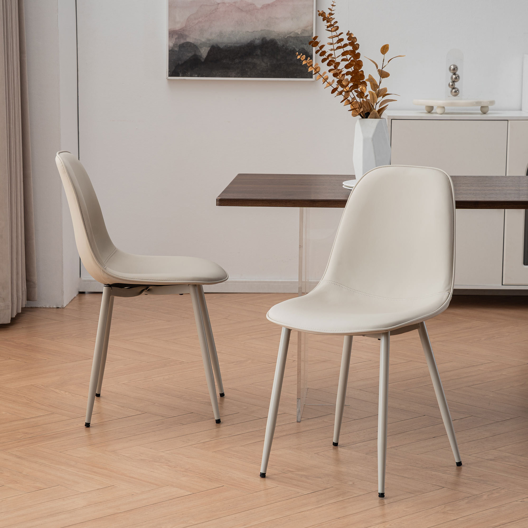 Kavi Upholstered Dining Chair, Gray Beige Faux Leather/Gray