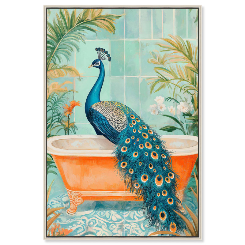 Elegant Peacock Bath Canvas Jungle Bathroom Art, Silver Framed, 24" H x 16" W