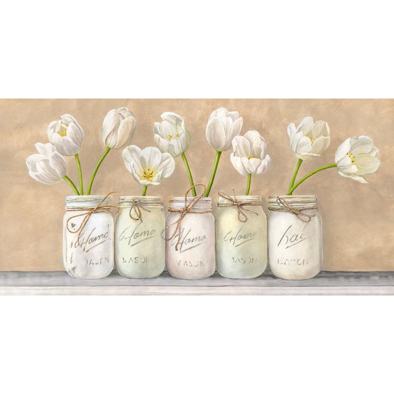 White Tulips In Mason Jars by Jenny Thomlinson - Wrapped Canvas Painting, 35cm H x 70cm W x 4cm D