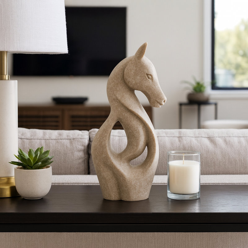 Decorative Horse Sculpture for Kitchen Decor, Home Decor, and Living Room - Modern Figurine and Statues for Office Desk or Coffee Table - Unique Decorative Objects - 15", Beige