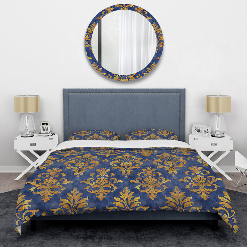 Blue Gold Royal Damask Glamour II - Transitional Duvet Cover Set, King Duvet Cover + 2 King Shams