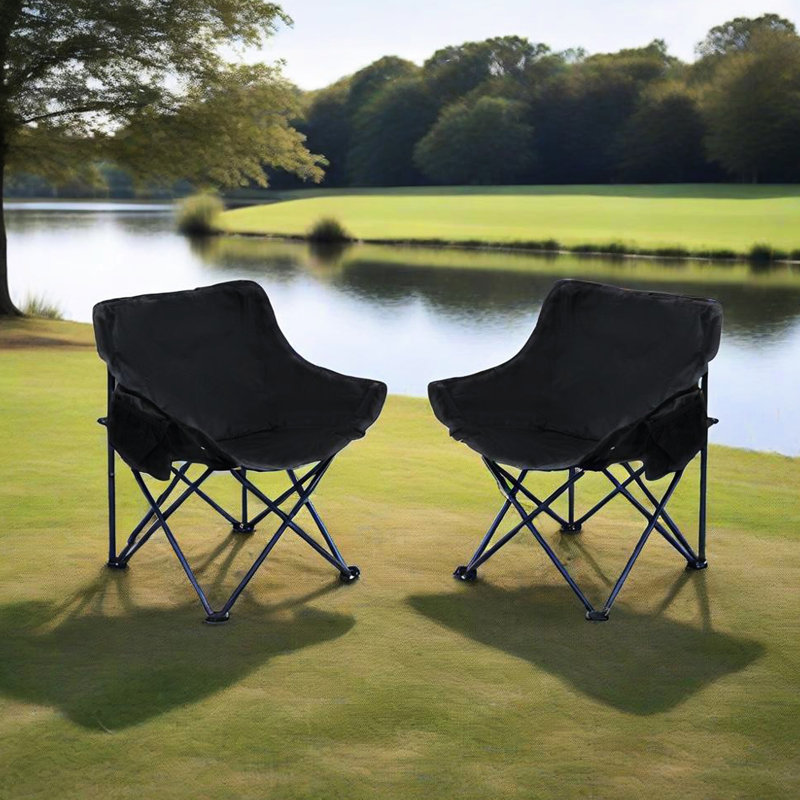 2Pcs Outdoor Black Foldable Camping Chairs With Carry Bag, Lightly Cushioned For Comfort, Side Pocket Storage, Heavy - Duty Frame, Ideal Hiking And Fishing Folding In Black, Comes Convenience, Picnics