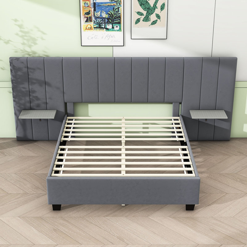 Lit plateforme tapissier avec tête de lit et lattes Kellsi, Grand, gris