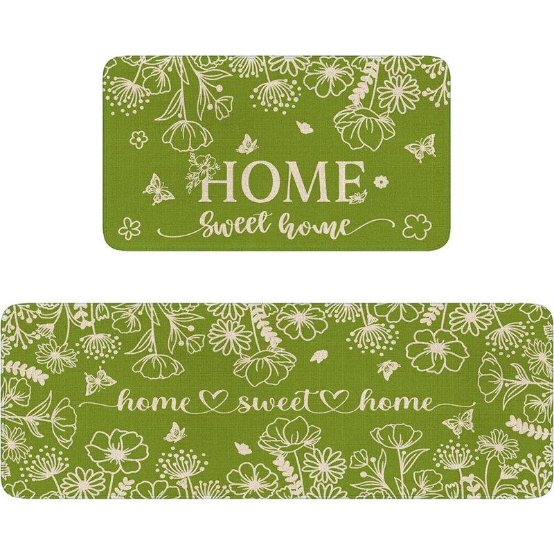 Ensemble de 2 tapis de cuisine - vert - fleurs et papillons, printemps été, antidérapant, tapis de sol