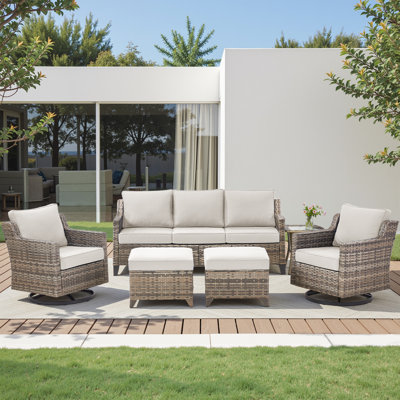 Harperayne 6-Piece Outdoor Wicker Patio Conversation Set With Swivel Gliders, Ottomans ＆ Side Table