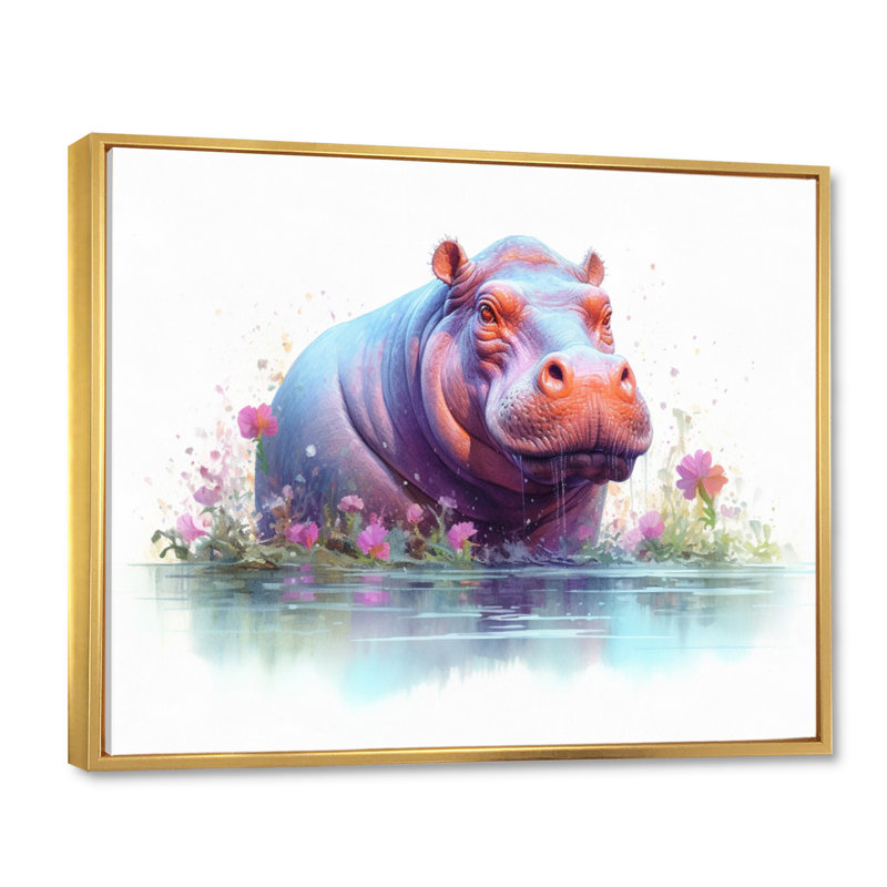 Hippopotame animé sur toile, H 34 po x l 44 po x P 1,5 po, Cadre flottant doré