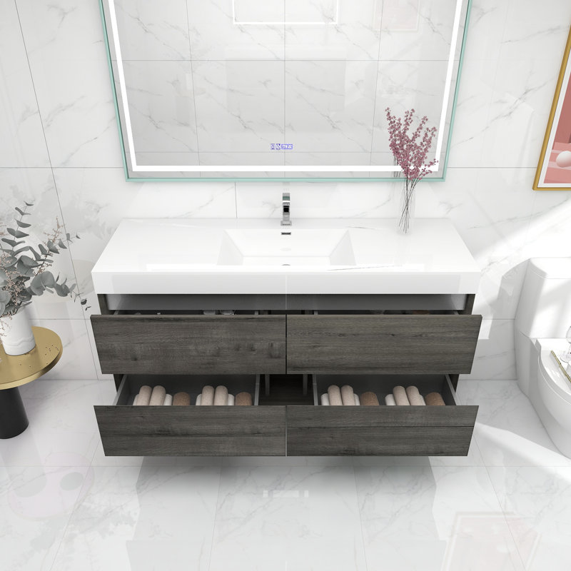 Ensemble de meuble-lavabo mural simple l 59 po Jaydelyn, Chêne Somoke