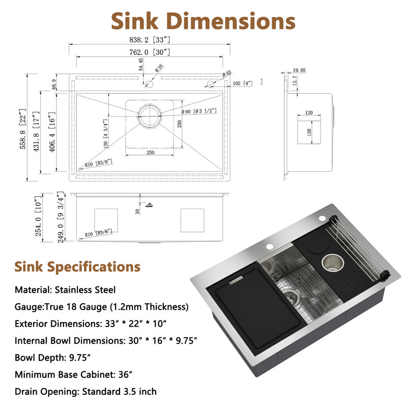 CASAINC 33"L Single Bowl Stainless Steel Drop-in Kitchen Sink