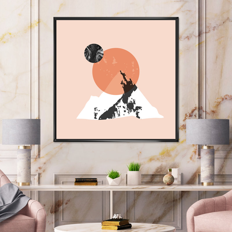 «Modern Minimalist Mountain Sun and Moon - Floater Frame», reproduction d'art sur toile, H 16 po x l 16 po x P 1 po