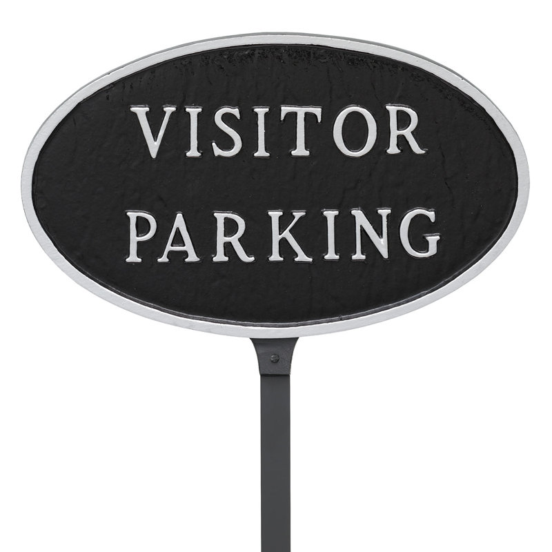 Standard Oval Visitor Parking Statement Plaque Sign with Lawn Stake, Black/Silver, 8.5" H x 13" W x 0.25" D