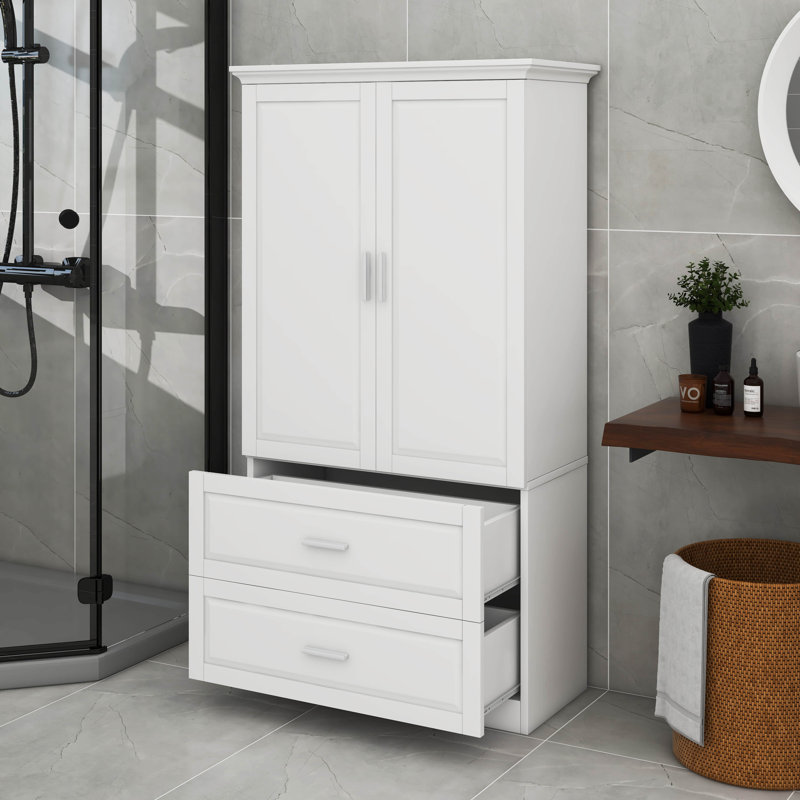 Grande armoire de rangement pour salle de bain avec tablette réglable, deux portes et tiroirs