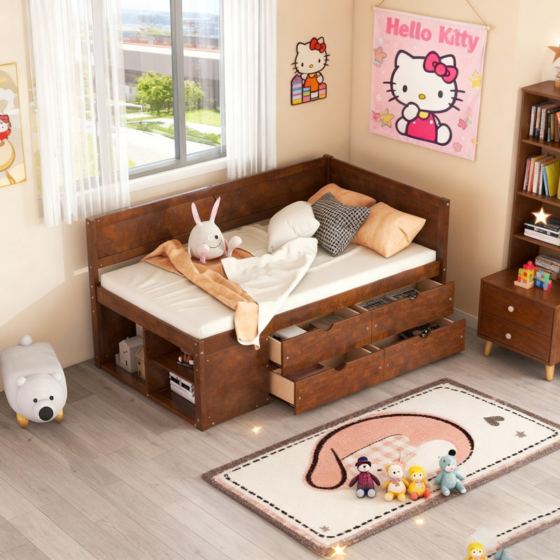 Lit de jour avec tiroirs et tablettes, peu encombrant et élégant pour les chambres à coucher et les chambres d'amis modernes