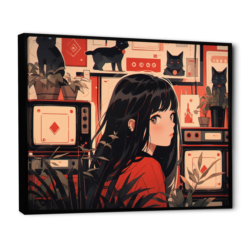 Personnage féminin d'anime III sur toile, H 16 po x l 32 po x P 1 po, Cadre flottant noir