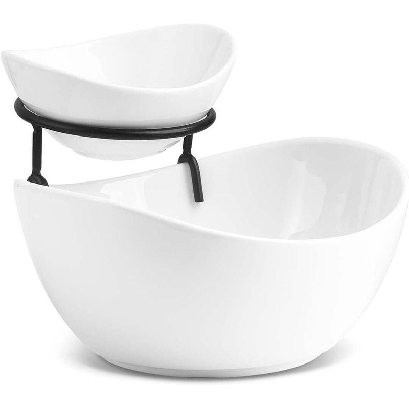 Ensemble de service 2 pièces Porcelain Chip and Dip - Bol à apéritif à niveaux blanc avec support