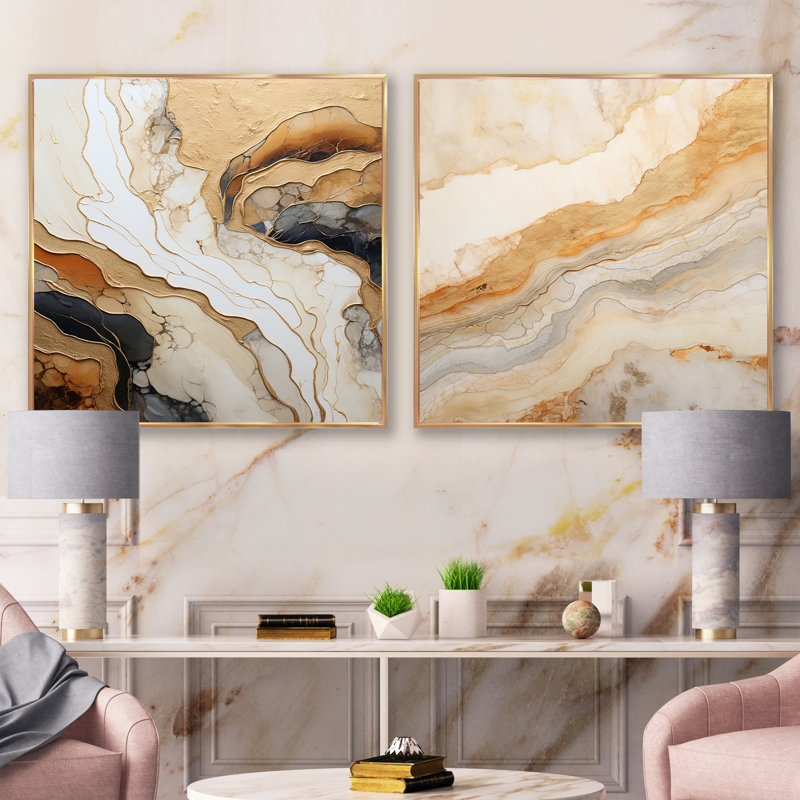Or et blanc Marble River - ensemble de 2 collages carrés abstraits en marbre, Cadre flottant doré, H 30 po x l 61 po