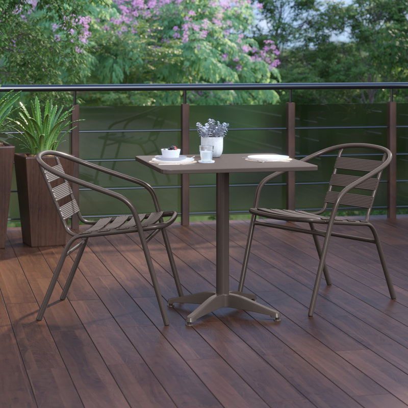 Gearard Square Aluminum Indoor-Outdoor Table Set with 2 Slat Back Chairs, 27.25" H x 27.5" W x 27.5" D, Bronze