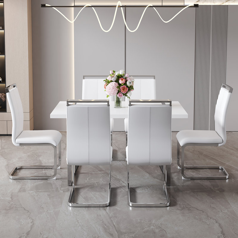7-Piece Modern Glam Rectangular Dining Set with Faux Leather Chairs , White, 7
