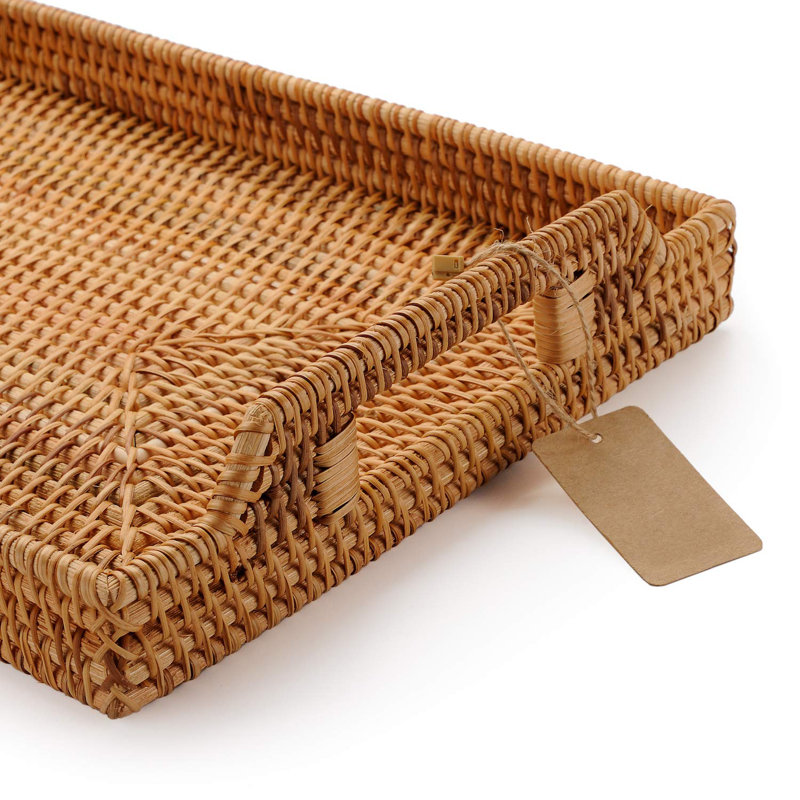 Hand-Woven Rattan Rectangular Serving Tray With Handles, 1.8" H x 11.4" W x 17" L