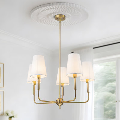 Lustre traditionnel à 5 lumières à intensité variable avec abat-jour en lin blanc