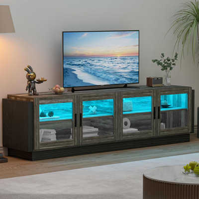 Meuble télé avec lumières DEL et tablette réglable, grand centre de divertissement pour téléviseur de 75 po avec portes transparentes