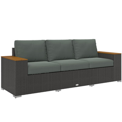 3-Seat Outdoor Patio Sofa with Cushions, PE Rattan Wicker Sofa with Wood Grain Wide Armrests, Outdoor Wicker Couch for Porch, Garden, Sunroom, Poolsid