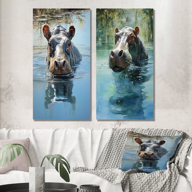 Gris puissant Hippo Waters Reflect I - Hippopotamus, ensemble de 2 reproductions d'art mural, Toile tendue, H 28 po x l 25 po