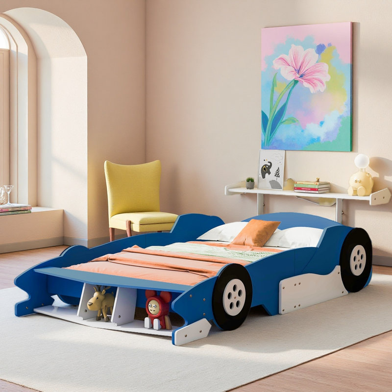 Lit de voiture de course avec garde-corps pour enfants, Lit double, Bleu