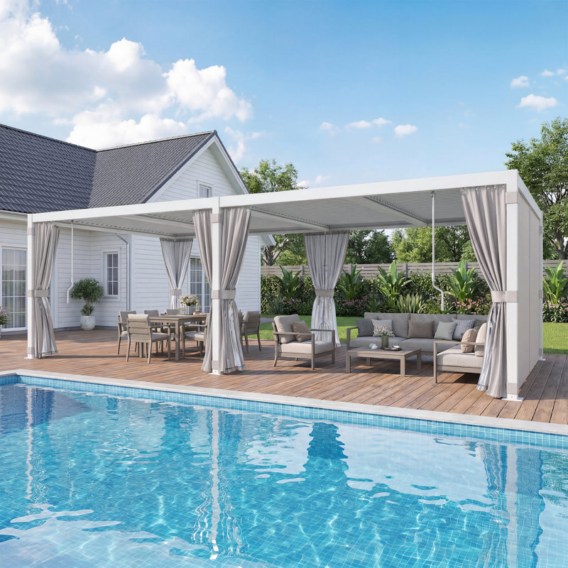 24 Ft. W x 12 Ft. D Louvered Pergola, Outdoor Aluminum Pergola with Adjustable Rainproof Roofs,  Gazebo with Curtains and Nets for Hot Tub and Patio Deck Backyard
