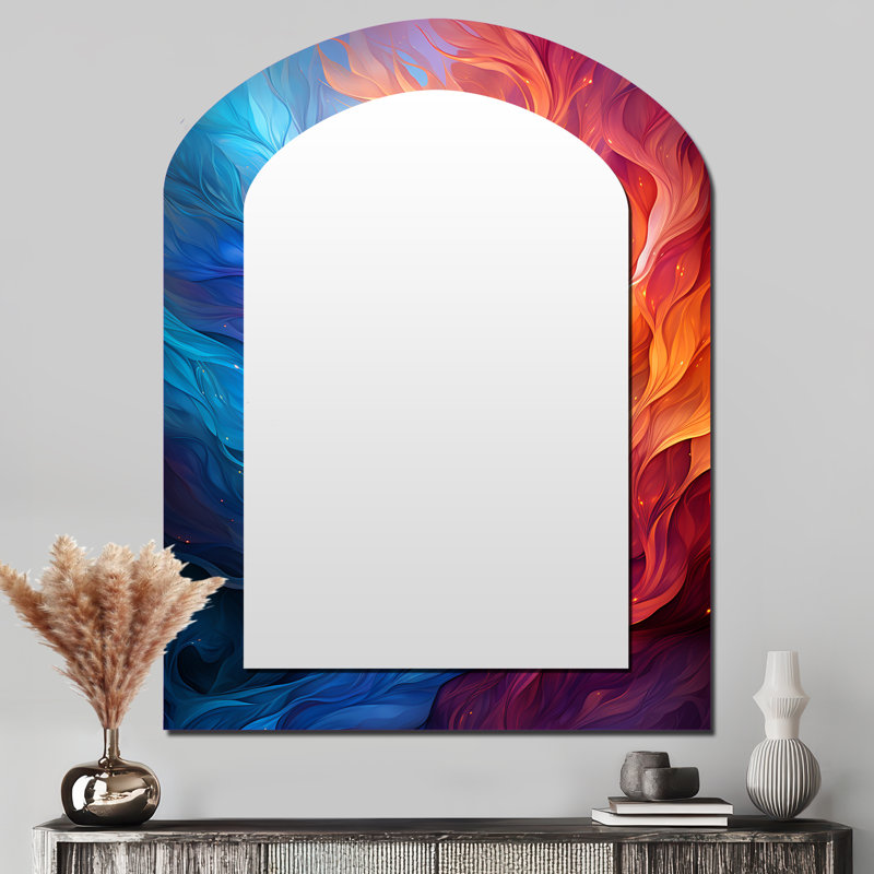 Symphonie abstraite jaune et orange fractale infinie - grand miroir mural arqué sur métal, 43 po x 33 po