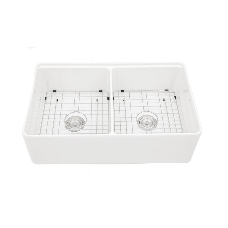 Station de travail blanche Farmhouse Sink - Évier de cuisine à double cuve en céramique blanche 33 pouces
