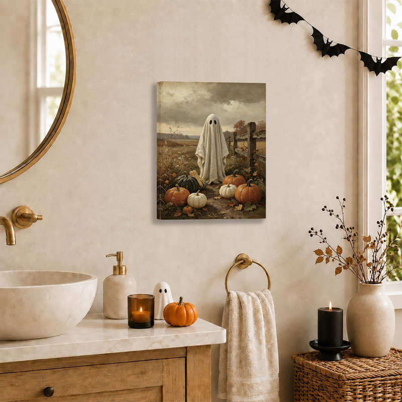 Ghost Pumpkin Field Wall Art, Vintage Farmhouse Halloween Decor,Dark Cottagecore Canvas Print, Harvest Decor for Living Room Entryway Hallway, 8x10 Inch