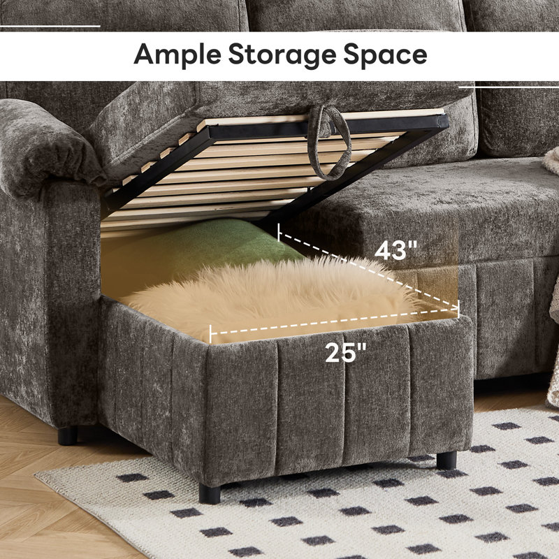 108.7" Upholstered U-Shaped Sectional Sofa Bed with Storage Pockets and USB Ports, Gray Chenille