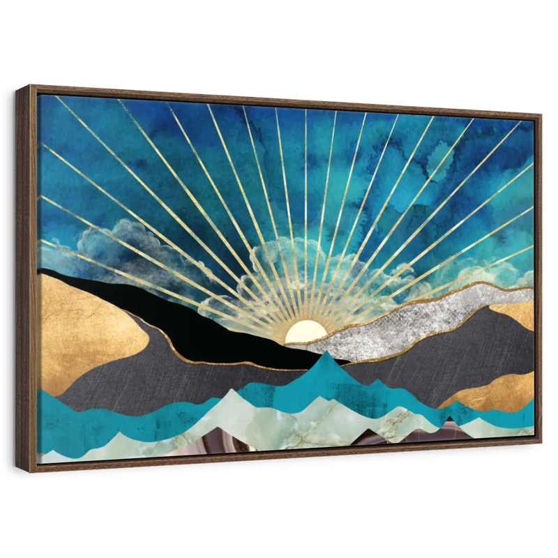 Lever de soleil abstrait, 46 po x 31 po, Cadre flottant en noyer