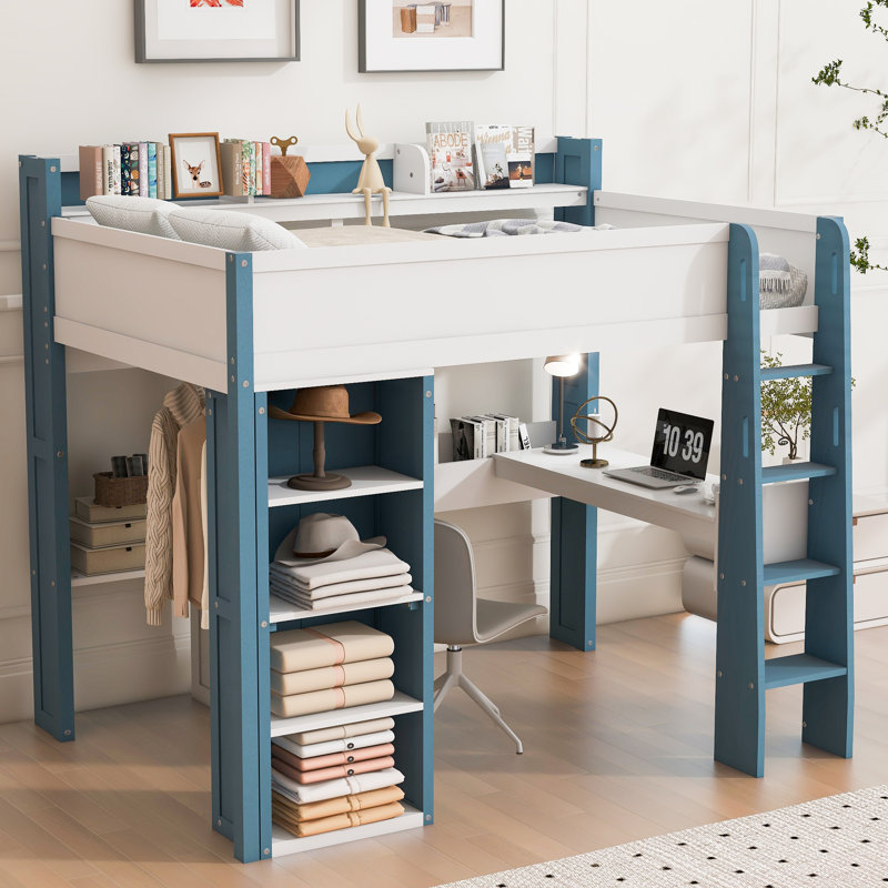 Full Loft Bed With Built-In Desk And Storage, White/Blue