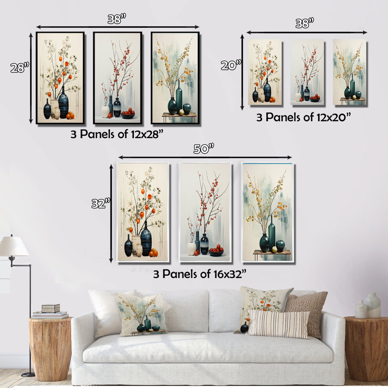 «Orange Minimalist Oasis Pottery», ensemble d'art mural minimaliste de 3, H 32 po x l 48 po, Cadre naturel flottant