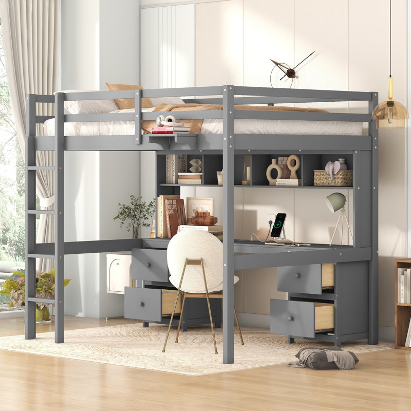 Lit mezzanine double avec bureau, armoires, tiroirs et plateau de chevet, station de charge, gris