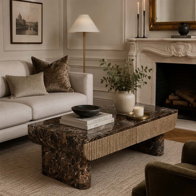 47 Inch Walnut Wood Texture Faux Marble Coffee Table with Fluted Drawer for Modern Living Spaces