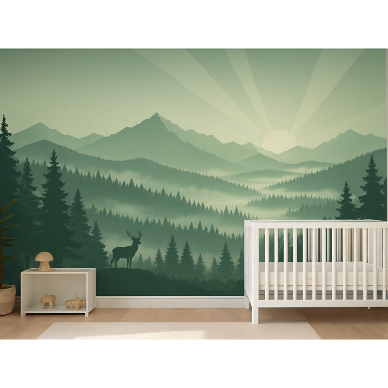 Misty Pine Forest Wallpaper Mural, Peel and Stick Kids Room Wall Mural, Layered Silhouette Landscape Nursery Wallpaper