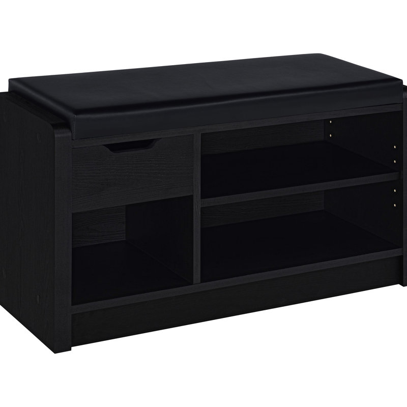 Banc de rangement à 1 tiroir noir, coussin en mousse confortable avec similicuir, bois d'ingénierie en stratifié de chêne et coussin de garage polyvalent à compartiments ouverts, revêtement en cuir, réglable