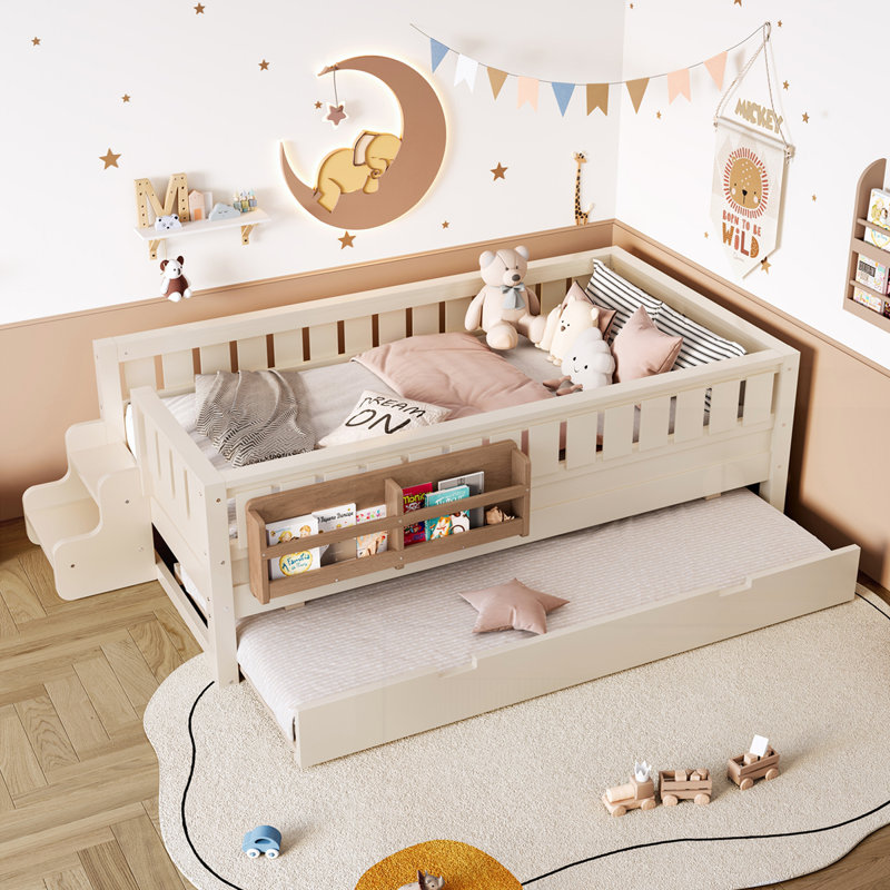 Lit avec bibliothèque intégrée et lit gigogne, Beige