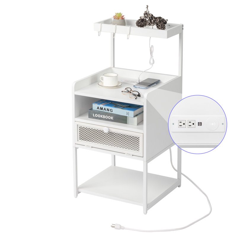 Table de chevet noire avec port USB, Blanc