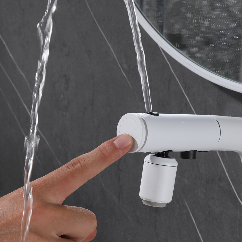 Bathroom Faucet With Pull Out Sprayer And Temperature Display Modern White Sink Faucet For Kitchen And Liftable Vanity Faucet With Deck Plate