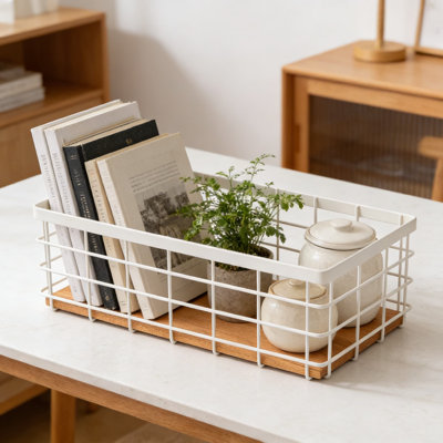 Panier de rangement en fil métallique avec base en bois amovible, bac de rangement polyvalent pour la cuisine, la salle de bain, le garde-manger, le garage et la salle de lavage