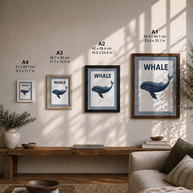 Whale and Label Minimalist - Framed Print, Black, A3 - 42.0 x 29.7 cm