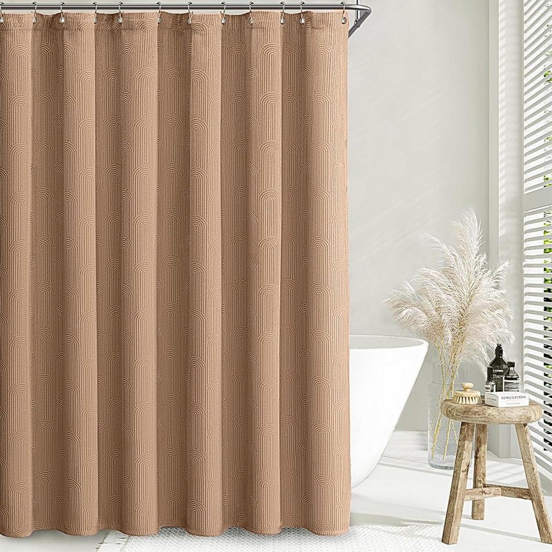 Linen Blend Shower Curtain With Arch Textured Pattern For Modern Bathroom Decor, Brown