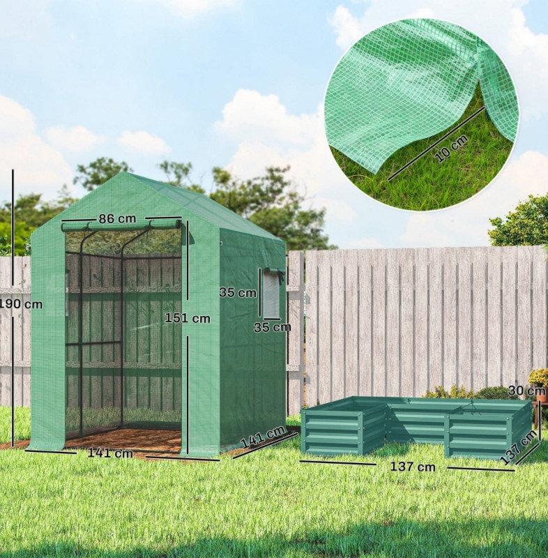Small Greenhouse with Raised Garden Bed, Galvanised Walk-in Greenhouse with Roll Up Windows, 141 x 141 x 190 cm, Green